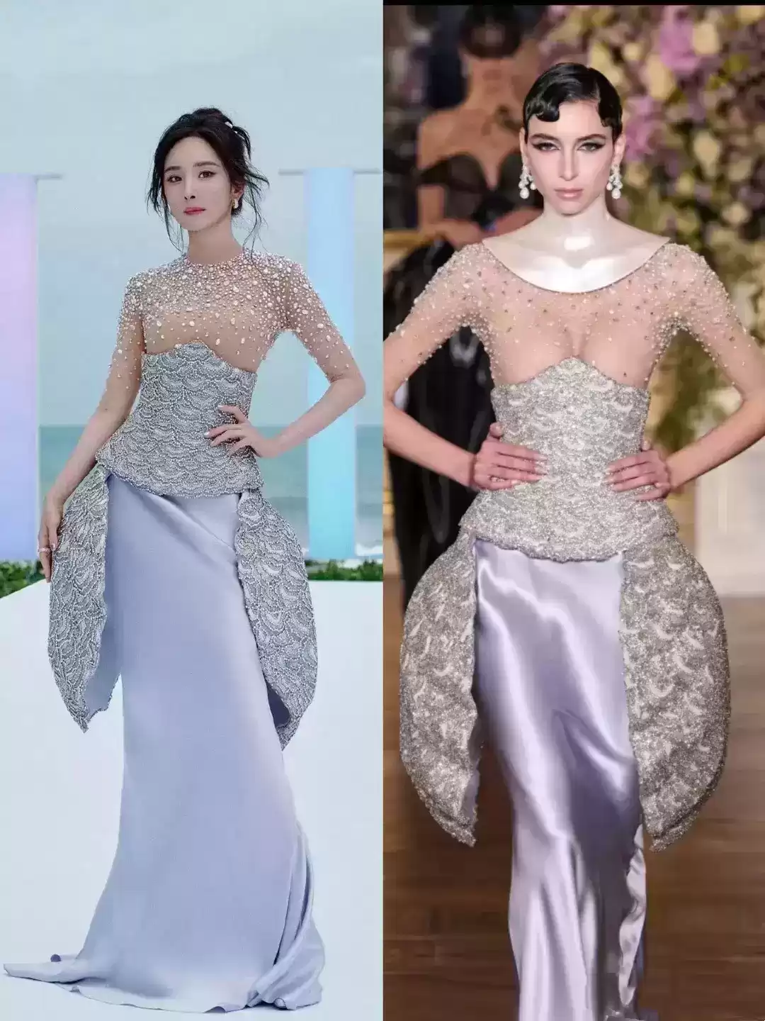 杨幂时尚风暴：透视礼服配裸色内衬，丰满曲线优雅绽放，完胜T台模特